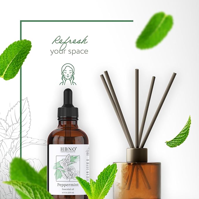 HBNO California Bottled Peppermint Essential Oil 4 fl oz (120ml) - Premium Grade Natural Peppermint Oil for Hair, Skin & Scalp Care - Ideal for Masage, Diffusers & Aromatherapy - with Glass Dropper