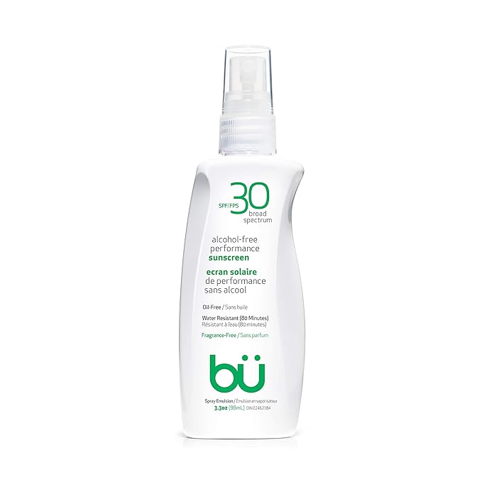 BU SPF 30 Sunscreen Spray for Face and Body, Fragrance Free, TSA Travel Size Sunscreen, Clear, Non Greasy, Water Resistant, for Sensitive Skin, 3.3 oz (3 Pack)
