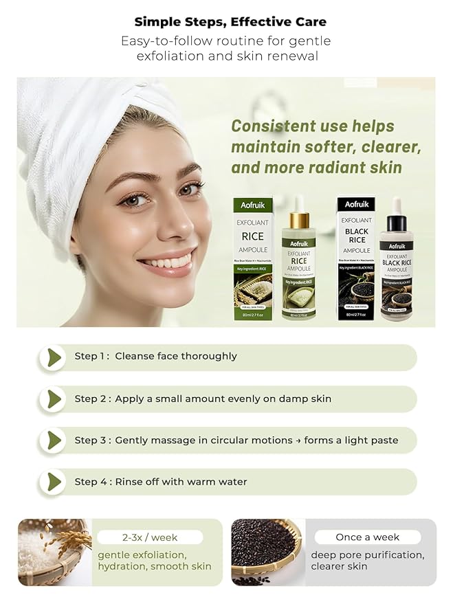 2Pcs Rice Exfoliating Ampoule Set, Black Rice and Rice Peeling Ampoule, Exfoliating Face and Body Scrub Dead Skin Cells, Blackheads Remover for All Skin Types (Rice)