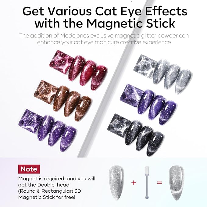 modelones Cat Eye Gel Nail Polish Set, 6 Colors 9D Glassy Cat Eye Glitter Gel Polish Black Red Purple Blue Silver Brown Nail Polish All Seasons with Magnet Soak Off Led DIY Salon Gift