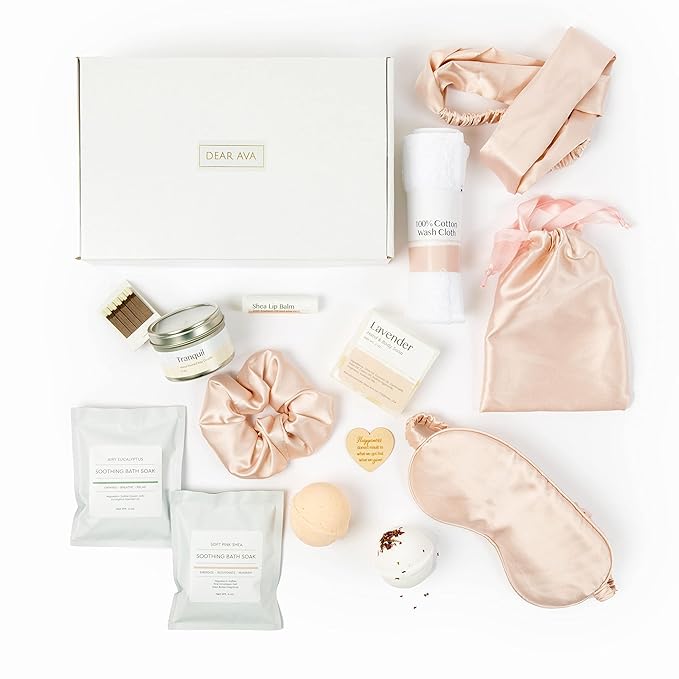 Dear Ava Spa Gifts for Women | Organic Self Care luxury Anti Stress Relaxing Bath and Body Kit Set Basket Box for Her with Heartfelt Card | Premium Spa Gift for Girls Mom