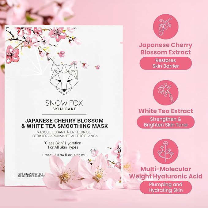 Snow Fox Japanese Cherry Blossom & White Tea Smoothing Sheet Mask – Hydrating Face Mask for Glass Skin Glow & Bridal Makeup Prep – Moisturizing Facial Skin Care for all Types – 1 Pack