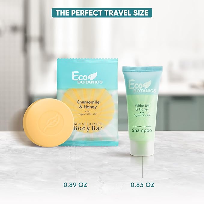 Eco Botanics Hotel Soaps and Toiletries Bulk Set | 1-Shoppe All-In-Kit Amenities for Hotels & Airbnb | 0.85 Conditioning Shampoo & oz Bar Soap Travel Size | 100 pieces