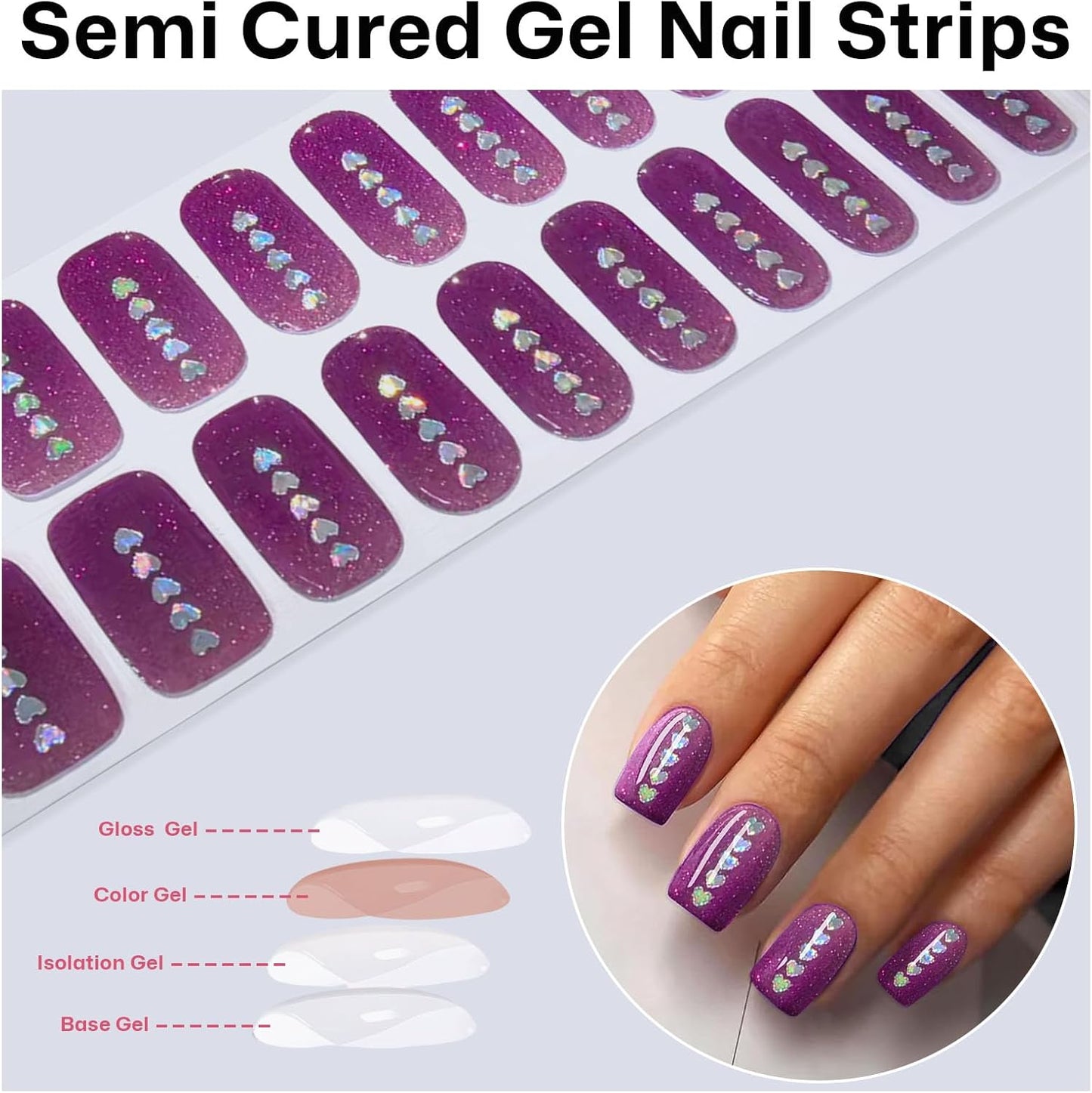Semi Cured Gel Nail Strips with Heart/Love Designs Gel nail stickers Purple Glitter Nail strips stickers Salon Quality & Easy to Use 20 Pcs for Women