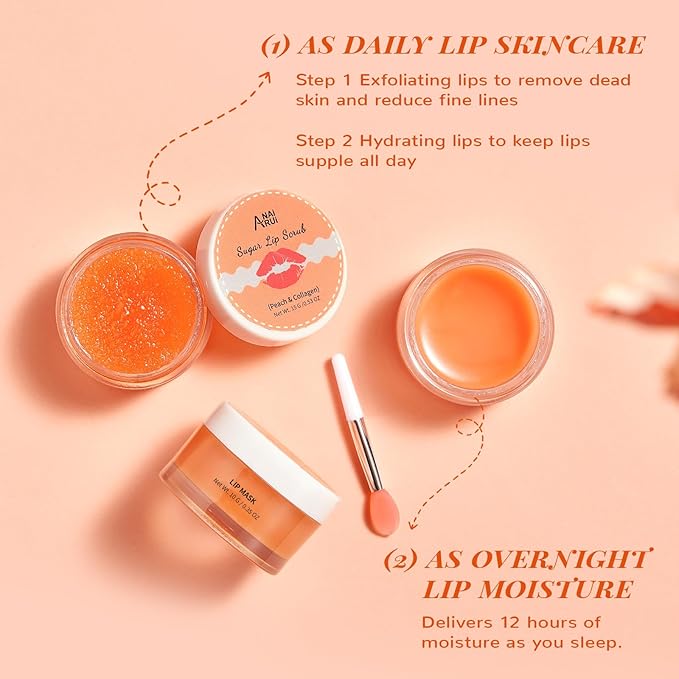ANAI RUI Lip Balm Mask & Lip Scrub Set, Lip Care Kit, Overnight Lip Treatment with Lip Sleeping Mask & Sugar Lip Exfoliator Scrub, Lip Moisturizer for Dry, Chapped, Dark Lips, Reduce Fine Lines, Peach