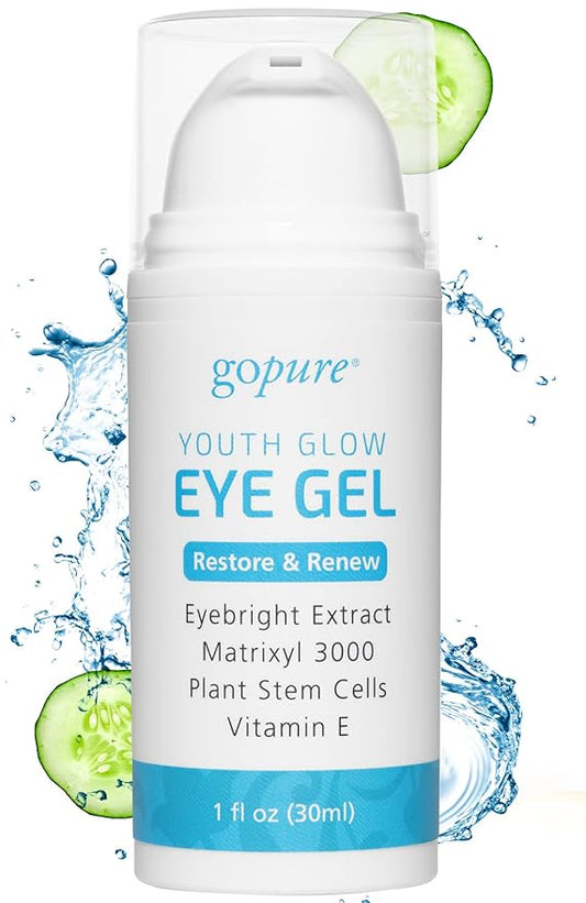 goPure Youth Glow Eye Gel - Anti-Aging Eye Cream that Soothes and Hydrates, Made with Matrixyl 3000 and Hyaluronic Acid for Improve the Look of Puffiness, Dark Circles, and Under Eye Bags - 1 fl oz