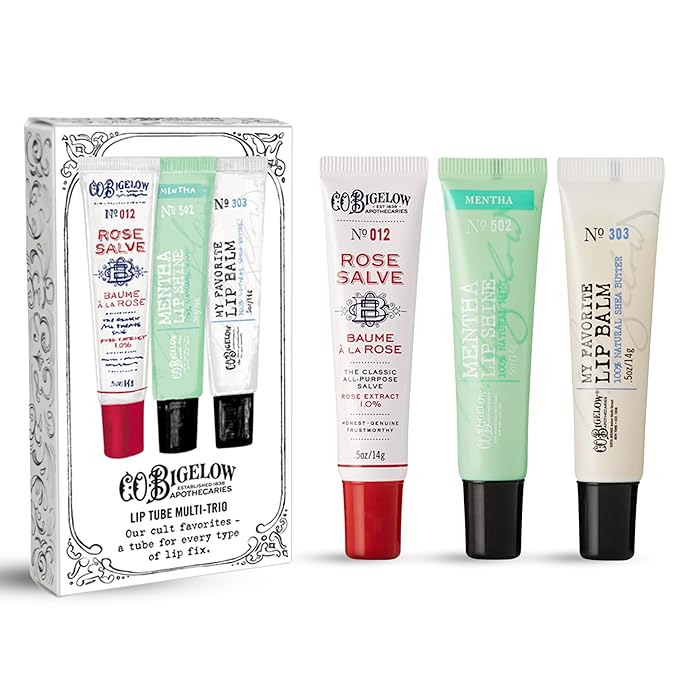 C.O. Bigelow Lip Balm Tube Trio, Variety Pack includes Rose Salve, My Favorite Lip Balm, Mentha Lip Shine, Moisturizing Lip Balms, 3 Pack, 0.5 oz Each