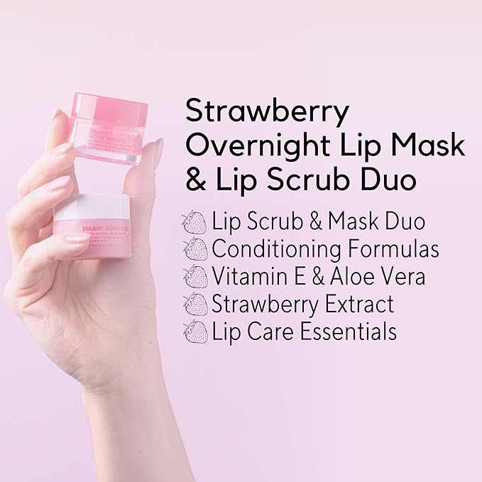 W7 Sweet Dreams Lip Scrub & Overnight Lip Mask Duo - 2Pcs Set - Strawberry Flavour - Exfoliate, Condition, Soothe & Hydrate
