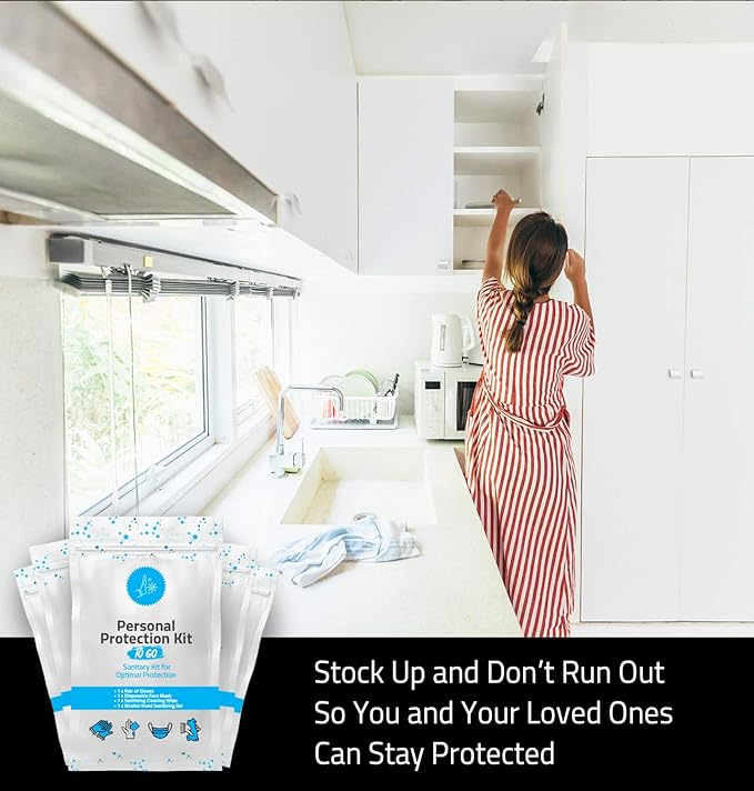 Personal Protection Kit TO GO, Mini 4 Item PPE Kit for travel and school | Includes 1 Each of Face Covering, Gloves, Cleansing Wipes & Hand Cleansing Gel | 10 - Pack (Light Blue)