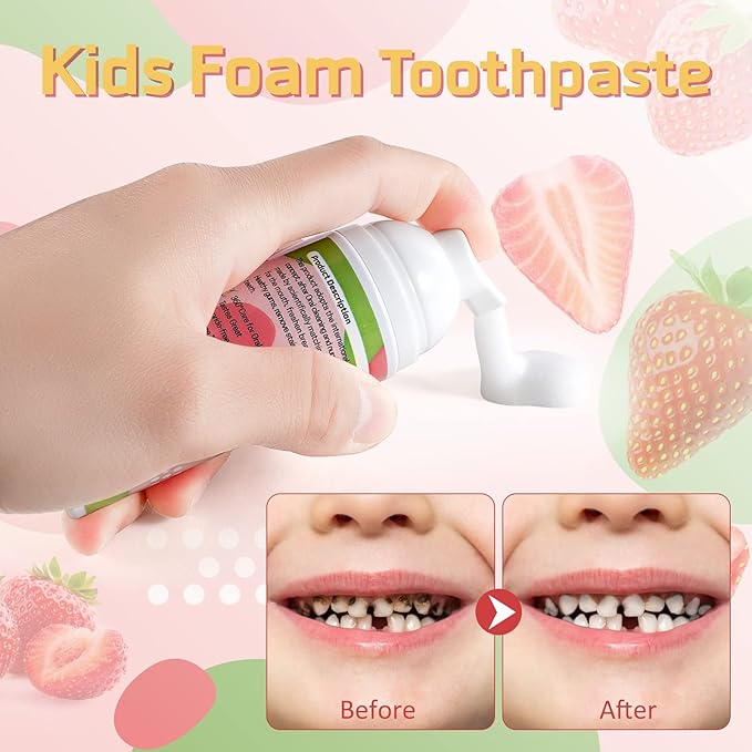 Foam Toothpaste Kids 2PCS, Toddler Toothpaste Cavity Protection 360º Care Natural, Teeth Whitening Toothpaste Fluoride Free for Electric & U-Shape Toothbrushes(Strawberry &Blueberry)