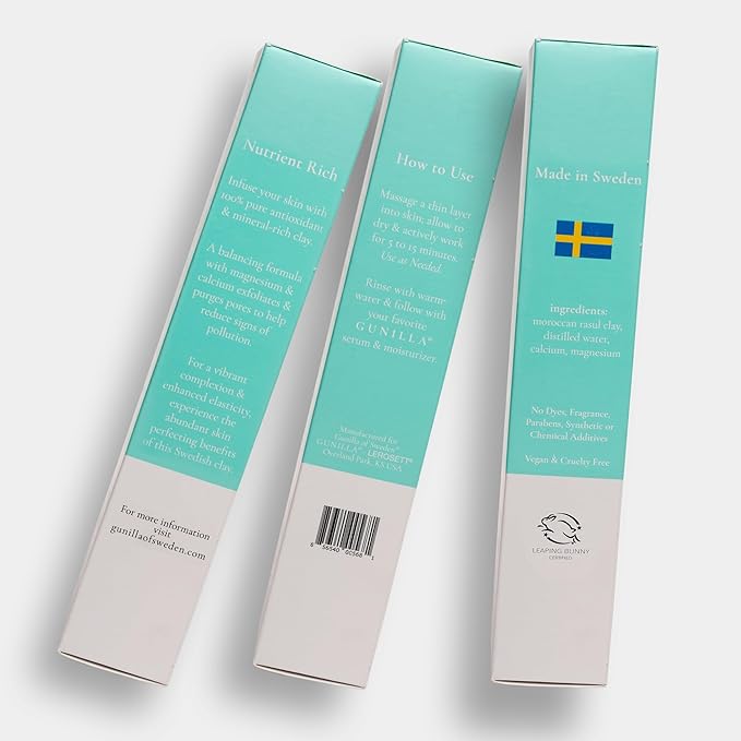 GUNILLA Skin Perfecting Clay Mask, Vegan, No Additives, 3-in-1 Deep Pore Cleansing Facial Mask, Refining, Detox & Spot Treatment, All-Natural, Pro-Grade, 35 Clay Masks 2.5 fl oz - Made in Sweden.