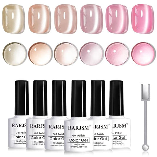RARJSM Nude Jelly Glass Cat Eye Gel Nail Polish Set 6Pcs Champagne Gold Rose Blush Metal Pink Red Smoothie Ceramics Cateye Silver Glitter Gelpolish with Magnetic Stick UV LED Curing Require Home Salon
