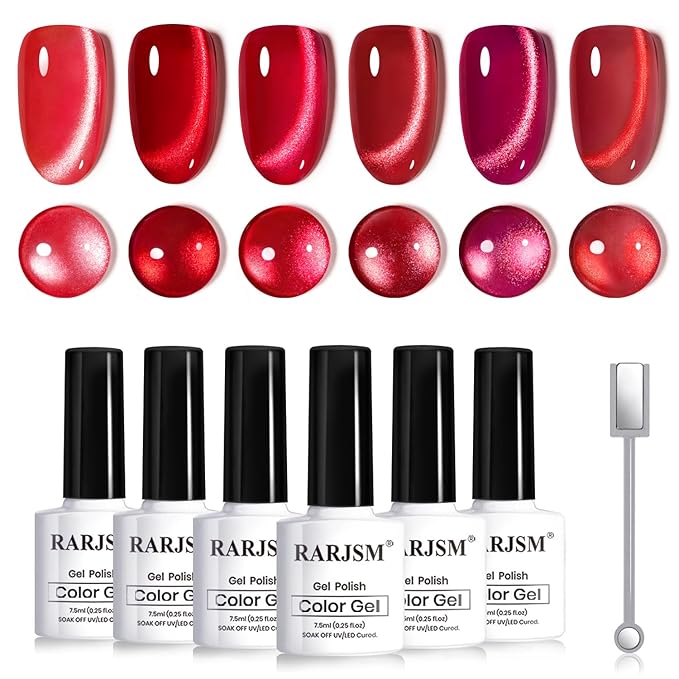 RARJSM Red Cat Eye Gel Nail Polish Set 6 Pcs Smoothie Ceramic Silver White Glitter Shimmer Burgundy Cherry Dark Wine Red Velvet Diamond Cateye Gel Polish with Magnetic Stick Soak off Curing Require