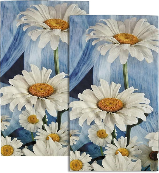 Giwawa White Daisy Hand Towels Set of 2 Rustic Flower Decorative Kitchen Dish Towel Soft Absorbent Fingertip Bath Towel for Spa Gym Bathroom