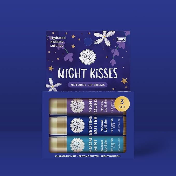 Lip Balm Set: All-Natural Shea Butter, Beeswax, Coconut Oil, Vitamin E Infused Lip Moisturizer Care (3 Pack, Night Kisses)