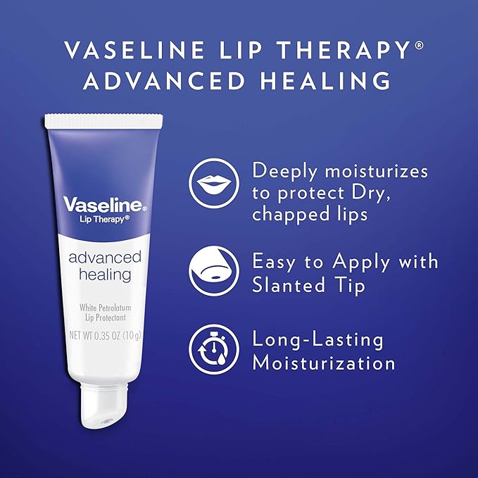 Vaseline Lip Therapy Advanced Healing 3-Pack – White Petroleum Moisturizing Lip Balm for Extremely Dry Lips, 0.35 Oz Ea
