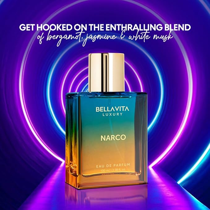 BELLAVITA Luxury NARCO Unisex Perfume for Women and Men | Notes of Bergamot, Jasmine and White Musk | Long-Lasting Luxury Perfume Oils | French Parfum for Women & Men, 100 ML