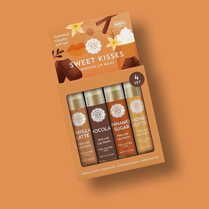 Lip Balm Set: All-Natural Shea Butter, Beeswax, Coconut Oil, Vitamin E Infused Lip Moisturizer Care (4 Pack, Sweet Kisses)