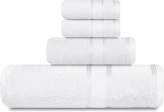 Casa Lino 100% Cotton Bath Towels Set of 4 (1 Bath Towel, 1 Hand Towel & 2 Wash Cloths) - Bathroom Towels and Washcloths Set - Complete Bathroom Set - Guest Room Essentials - (White)