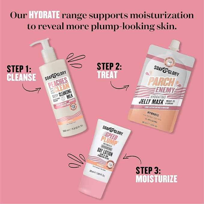 Soap & Glory Peaches & Clean Deep Cleansing Milk - 4 in 1 Milk Cleanser & Makeup Remover with Peach Extract, Ginseng & Jojoba Oil - Hydrating Facial Cleanser for Clarified & Energized Skin (350ml)