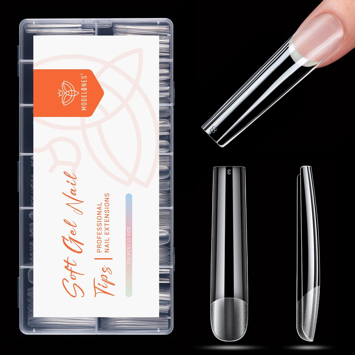 modelones Long Square Nail Tips, 3XXXL Straight Pre-shaped Soft Gel Tips Fake Nails False Acrylic Clear Full Cover Press on Extension Kit Gel Manicure DIY at Home 216PCS 12Sizes