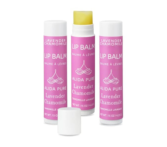 Lavender Chamomile Lip Balm Collection, Vegan Set, Beeswax Free, with Organic Jojoba and Avocado Oil, Vitamin E, Natural Moisturizer for Dry, Chapped Lips, 3 Tube Set