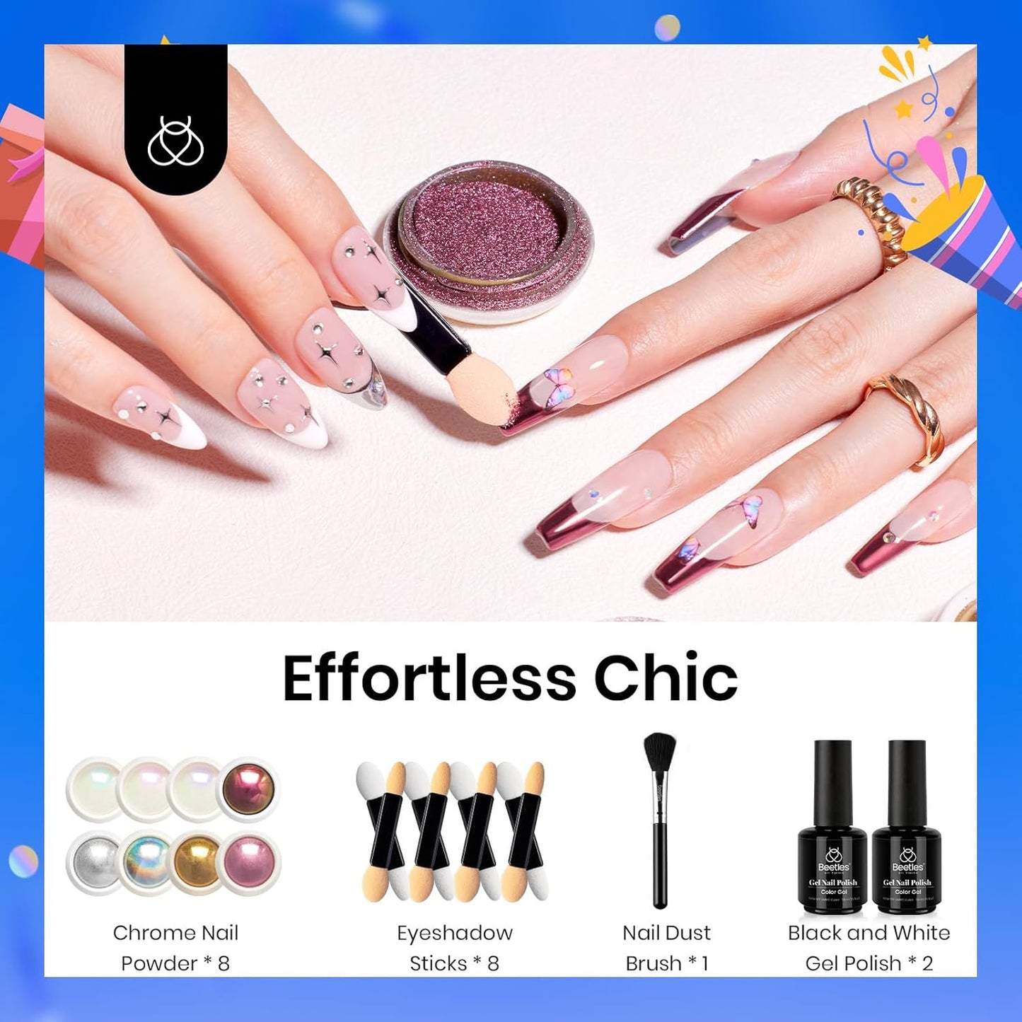 Beetles Metallic Chrome Nail Powder Kit Black White Colors Gel Polish Mirror Effect Holographic Metallic Nail Polish Chrome Manicure Art Decoration Glitter Nail Powder for Women