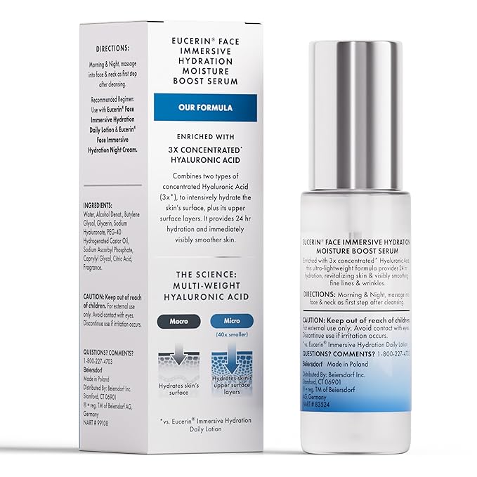 Eucerin Face Immersive Hydration Moisture Boost Face Serum, Ultra-Lightweight Hyaluronic Acid Serum Improves the Look of Fine Lines and Wrinkles, Facial Moisturizer for All Skin Types, 1 Fl Oz Bottle