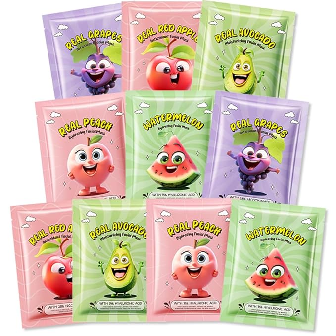 Kaely 10 Pack Fruit Face Masks for Kids, Kids Face Mask Spa Day Kit Supplies, Spa Party Favors for Teens Girls Women, Sheet Facial Mask Skincare Gifts Set, Moisturize Soothe for All Skin Types, 04