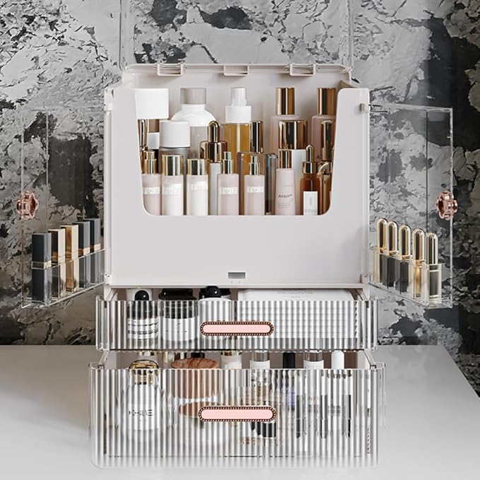Acrylic Makeup Organizer with Drawers – 38.5CM Large Capacity Cosmetic Storage Box, Dustproof & Waterproof Vanity Organizer for Skincare, Jewelry, Lipsticks & Beauty Products (White)