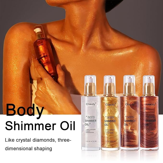 Shimmer Body Oil,Face and Body Liquid Luminizer,Waterproof Moisturizing Light Shimmer Glow Illuminator,Smooth Body Shimmer,Liquid Highlighter Makeup ((Gold)