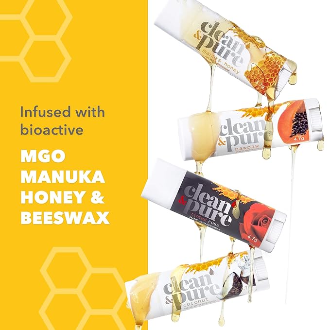 Lip Balm - Bees Knees (4 pack) | Manuka Honey Beauty Products | Vitamin E Oil | Flavored Lip Balm | Australia Made | Rose | Manuka Honey | Cocoa Butter | Manuka Oil | Coconut Oil | Papaw