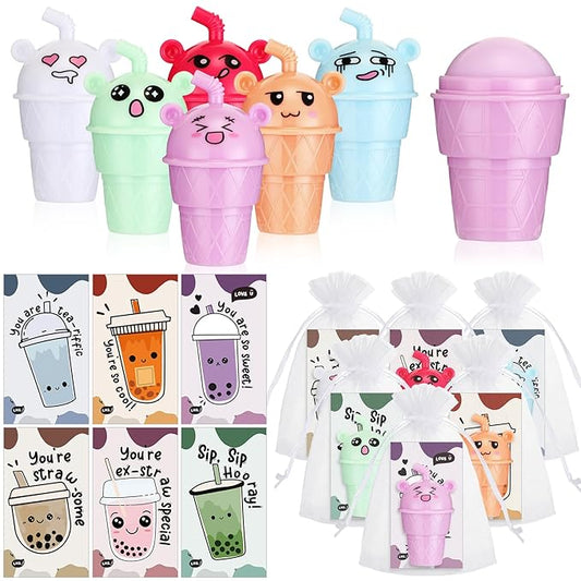 24 Sets Milk Tea Shaped Cute Lip Balm Fruit Flavored Lip Balm with Milk Tea Theme Gift Cards Milk Tea Boba Lover Birthday Baby Shower Party Inspirational Gifts Favors for Girls Kids Women