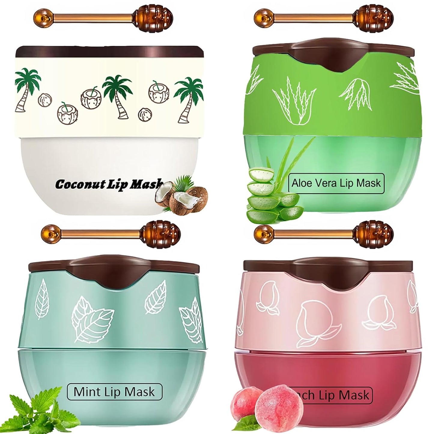 4 PCS Bee Lip Balm Honey Pot, Coconut Aloe Vera Peach Mint Sleeping Lip Mask Overnight with Sticks, Exfoliating Prevention Dry and Crack Lip Scrubs