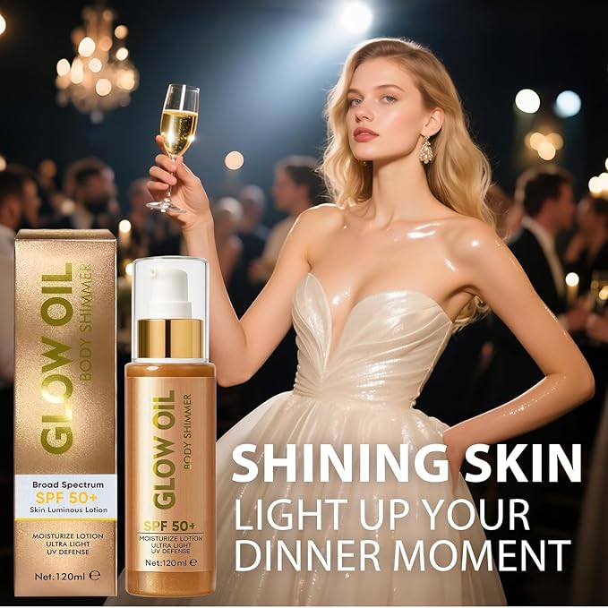 Body Glow Oil,Lightweight,Non-sticky, Broad Spectrum Body Oil with Gold Glitter Particles And Nourishing Coconut Oil, Good for Beach Holidays