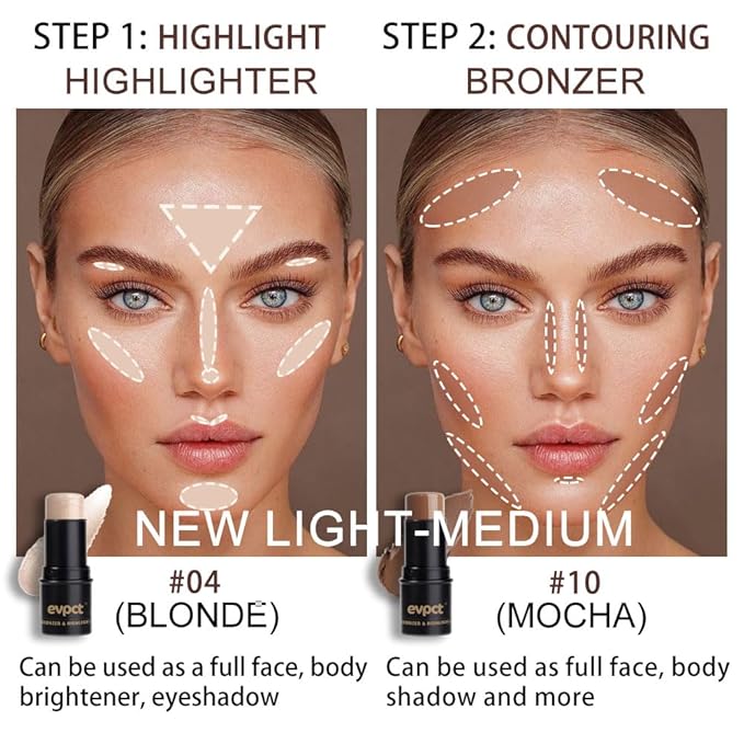evpct 2Pcs Face Cream Contour Bronzer Sticks Makeup Highlighter Highlight Blonde Mocha Creme Cheek Contour Sticks contorno en crema Bronzing Foundation Face Contour Stick Kit,4+10 New Light-medium