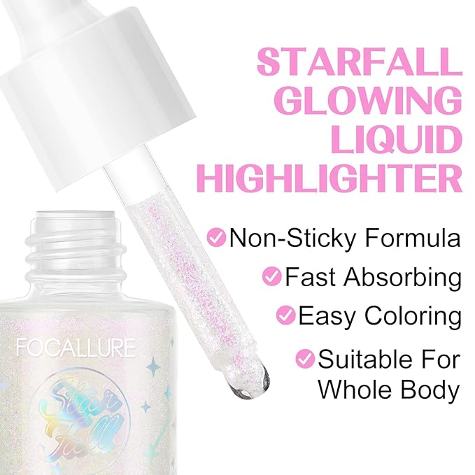 FOCALLURE Starfall Glowing Liquid Highlighter, Shimmering Body Oil, Non-Sticky Shimmer Liquid Luminizer, Non-Greasy, Face & Body Glitter Makeup for Costumes, Cosplay, Rave Festival, MADAMA BUTTERFLY