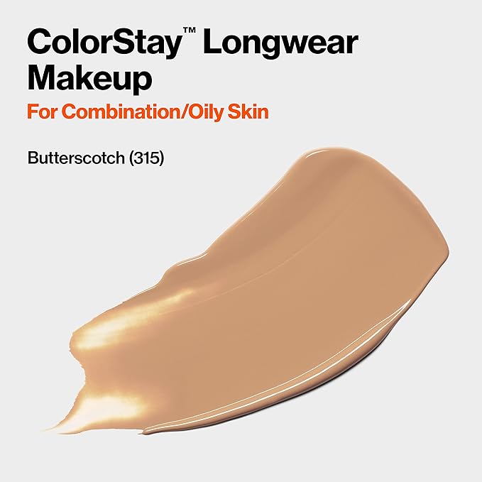 Revlon Liquid Foundation, ColorStay Face Makeup for Combination & Oily Skin, SPF 15, Medium-Full Coverage with Matte Finish, Butterscotch (315), 1.0 oz