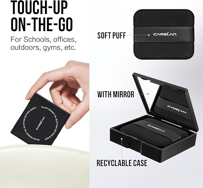 CARSLAN Makeup Blotting Paper with Powder, Black Magnet Blotting Sheets for Oily & Combination Skin, Portable Compact with Puff & Mirror, Keeps Makeup Fresh All Day, 450 Sheets + 8 Refill Pads
