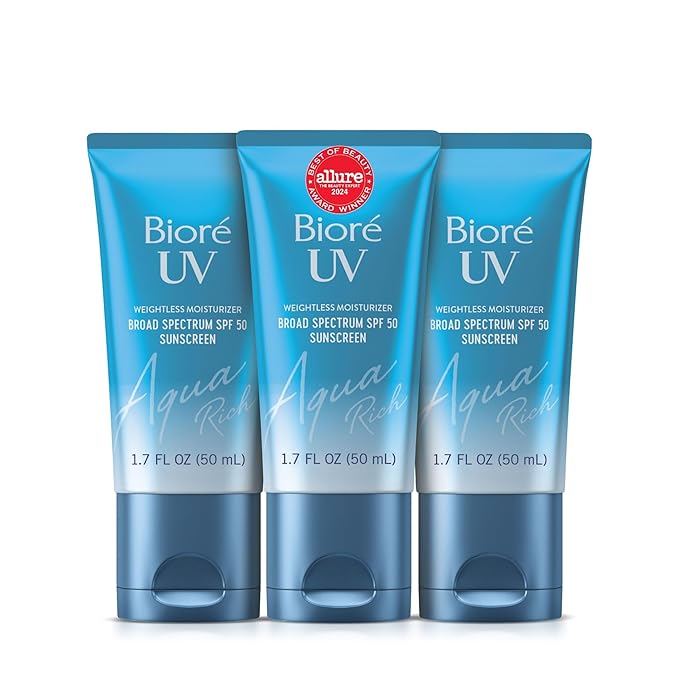 Biore UV Aqua Rich Daily Hydrating Facial Moisturizer with SPF 50 | Oil Free Sunscreen & Primer for Makeup with Hyaluronic Acid, No White Cast, Non-Comedogenic, For Sensitive Skin, 1.7 Oz, 3pck