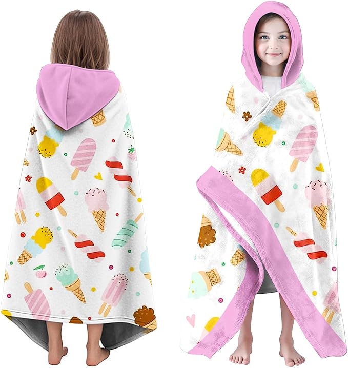 Ice Cream Hooded Beach Towel for Girls, 35" x 60" Kids Poncho Bath Towel for Toddler, Pink &White Soft Absorbent with Hood for 3-10 Years Bathrobe for Swimming Pool Bath