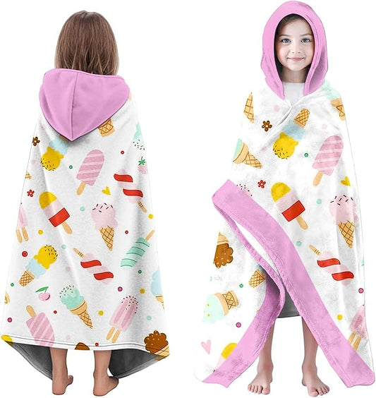 Ice Cream Hooded Beach Towel for Girls, 35" x 60" Kids Poncho Bath Towel for Toddler, Pink &White Soft Absorbent with Hood for 3-10 Years Bathrobe for Swimming Pool Bath