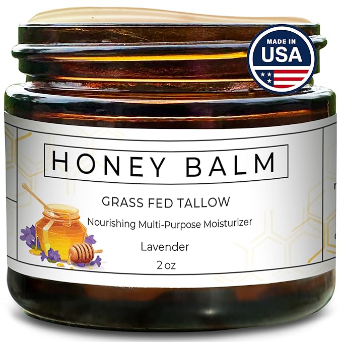 Tallow and Honey Balm, Organic Body Butter, Grass-Fed Beef Tallow for Skin, Soothing All-Natural Moisturizer for Body and Face | Made in USA - 2 oz (Lavender)