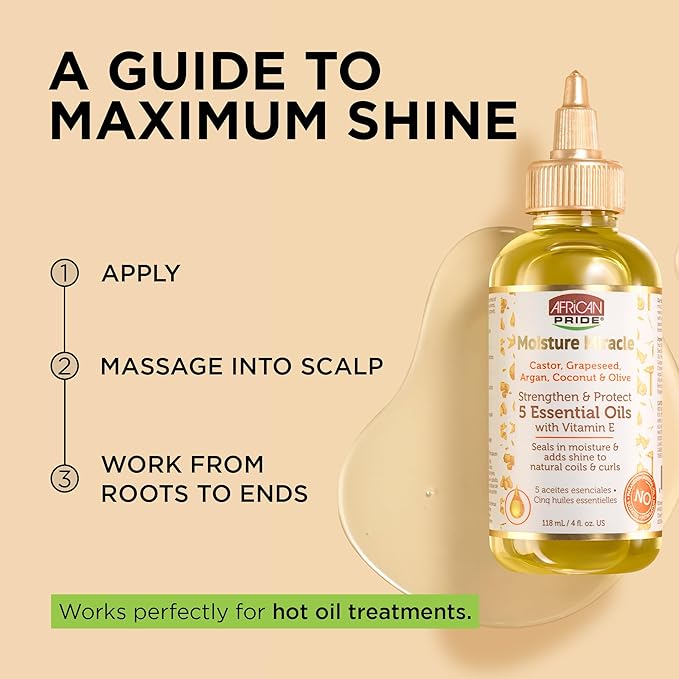 African Pride Moisture Miracle 5 Essential Hair Oils with Vitamin E | Moisture, Shine, Protection, and Growth | Argan, Castor, Grapeseed, Coconut, and Olive Oil | 4 oz