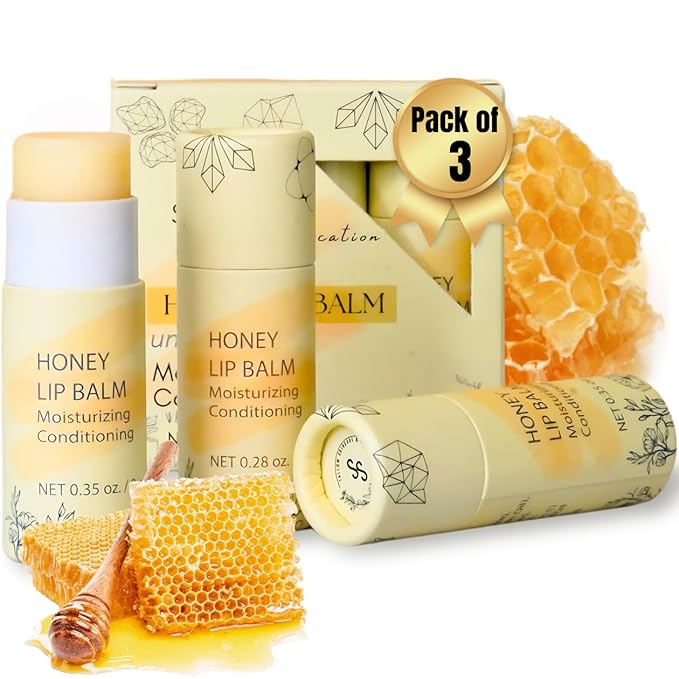 Natural Honey Lip Balm - 100%-grassfed Beef Tallow Chapstick, Organic Raw Honey & Argan Oil - Ultra Moisturizing, Conditioning, No Paraffin, Non Toxic, all Natural - 3 Pack (3x0.28 oz) Untinted