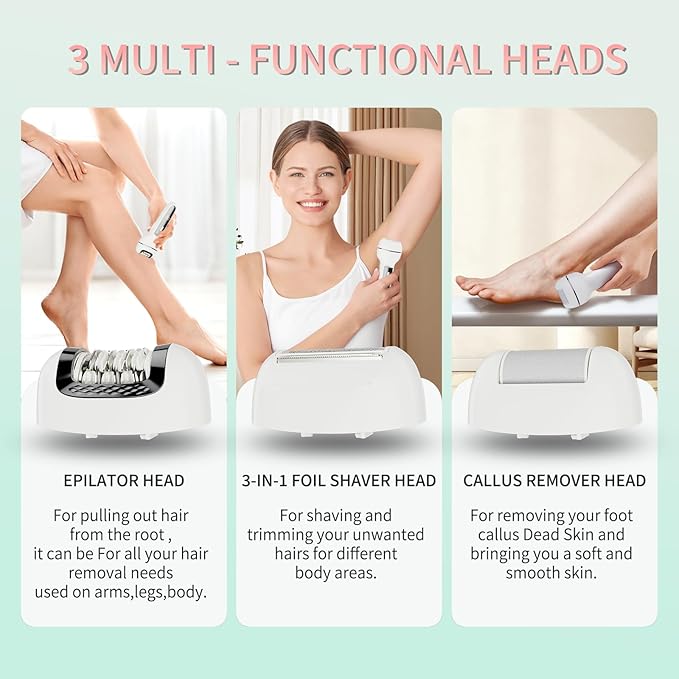 Epilator for Women 3-in-1 Epilator, Body Hair Removal Device,Wet/Dry, Waterproof, Cordless Rechargeable Electric Trimmer & Shaver & Callus Remover for Women & Men 606 Gray