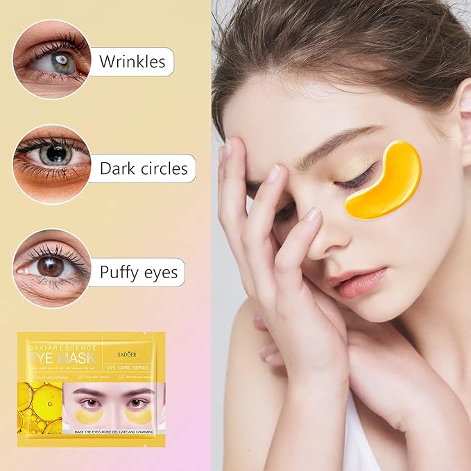 Under Eye Patches -30 Pairs Caviar Essence Eye Mask Eye Pads for Puffy Eyes, Reducing Dark Circles, Anti-Aging, Collagen Eye Mask for Moisturizing, Gold