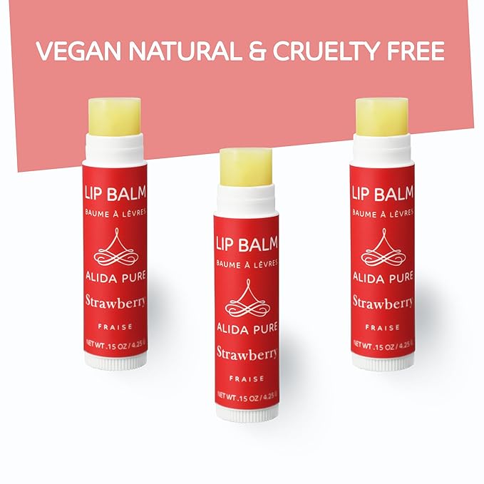 Strawberry Lip Balm Collection, Vegan Lip Balm Set, Beeswax Free, with Avocado Oil, Organic Jojoba Oil, and Vitamin E, Natural Moisturizer for Dry, Chapped Lips, 3 Tube Set