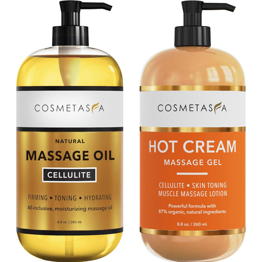 Cellulite Massage Oil & Hot Cream - 100% Natural Cellulite Oil & Gel, Highly Absorbable, Firm, Tone, Tighten & Moisturize Skin - Soothes Muscles (8.8 Fl Oz Each Bottle)