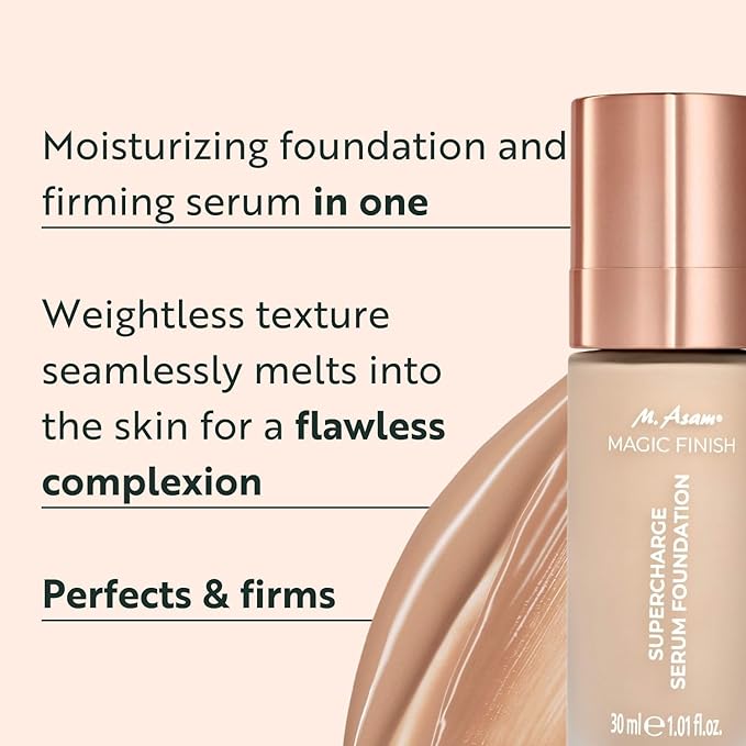 M. Asam MAGIC FINISH Supercharge Serum Foundation Warm Sand (1.01 Fl Oz) - Moisturizing Make Up & Firming Face Serum In One, Anti-aging CC Cream With Optimal Coverage & Hyaluronic Acid